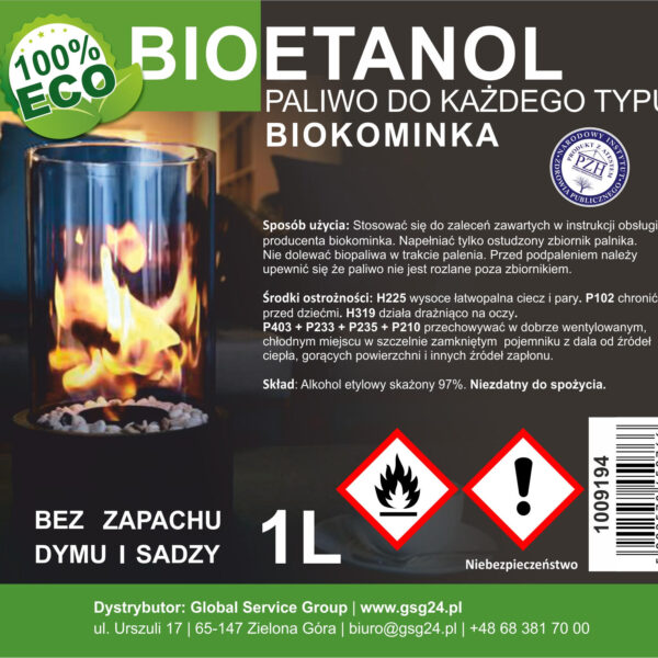 Bioalkohol bioetanol BIO paliwo do biokominka 1L
