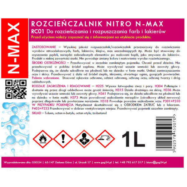 Rozcieńczalnik rozpuszczalnik NITRO RC-01 N-MAX 1L